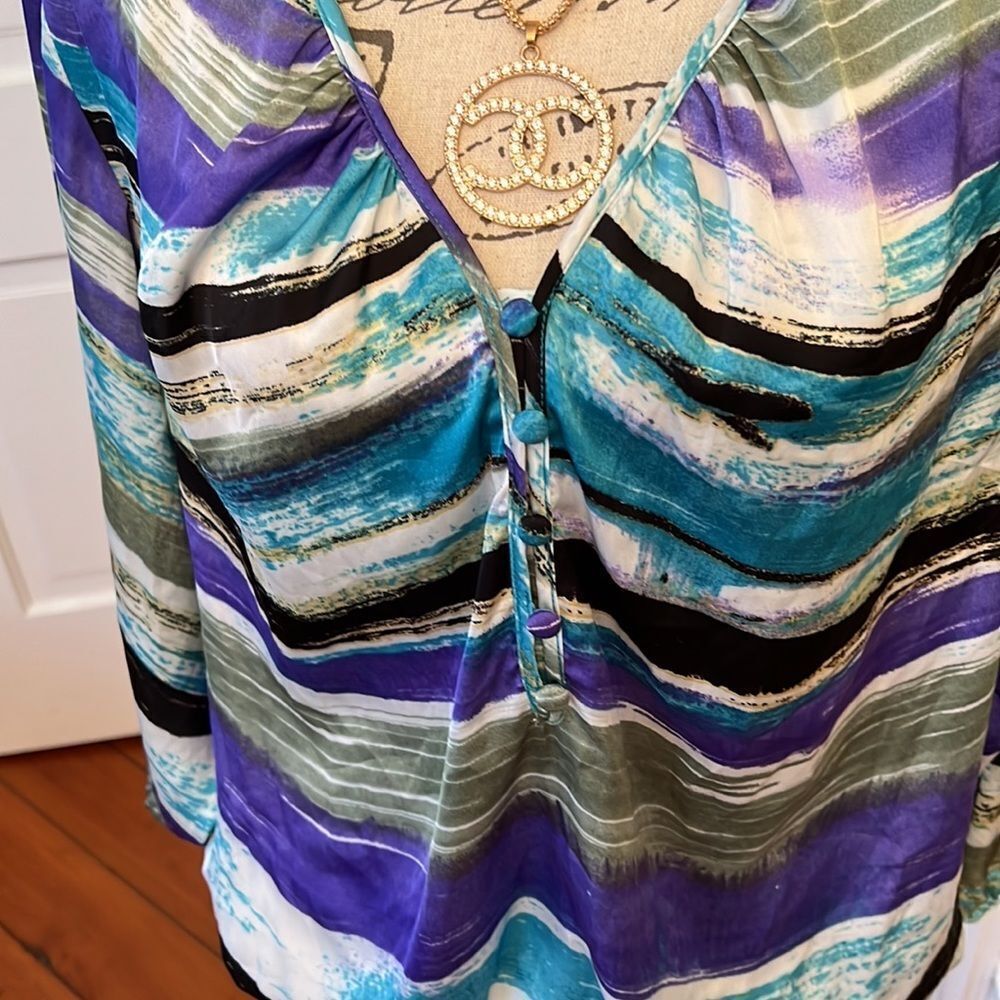 Zac & Rachel Abstract Stripes Satiny Blouson Top Sz L EUC - Picture 7 of 10